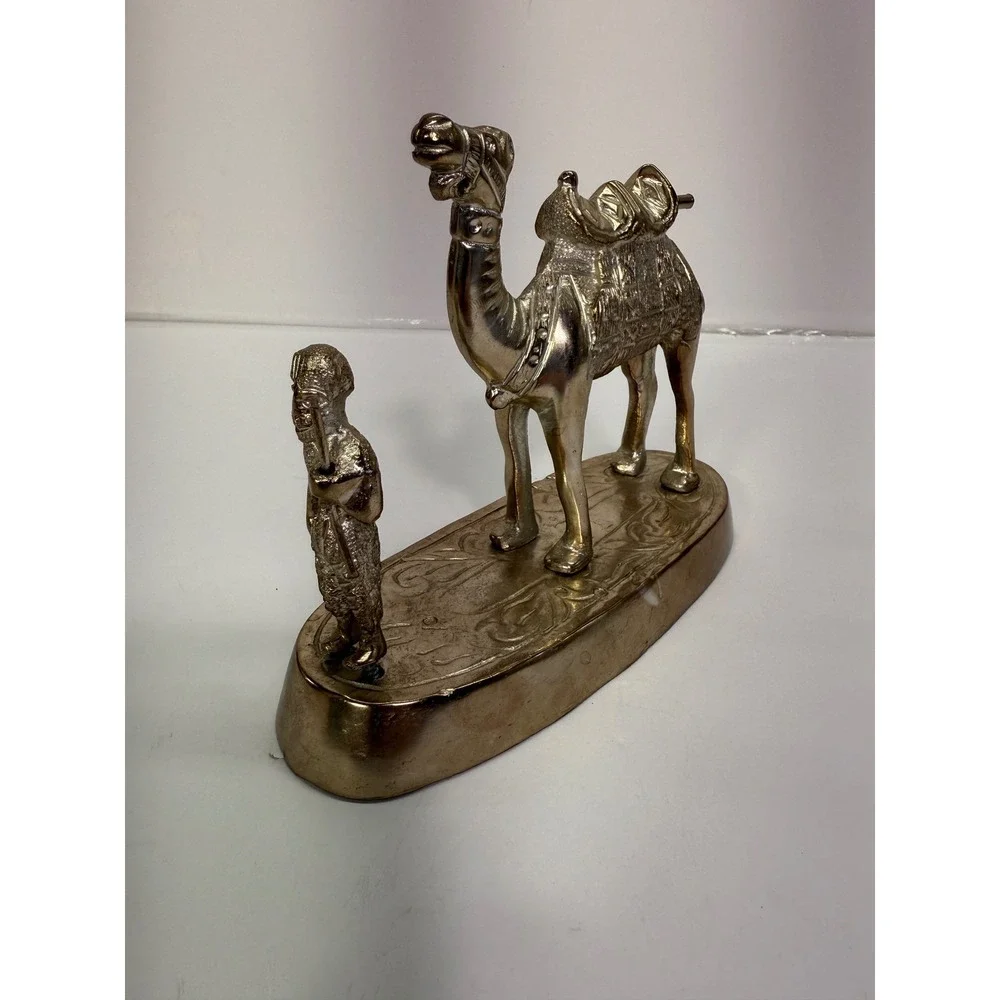 Vintage Silver Tone Metal Camel and Handler Figurine Statue on Decorative Base